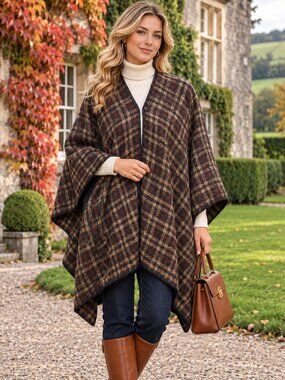 Boyne Valley Weavers Ireland Wool Blend Plaid Cape Poncho Women's OS